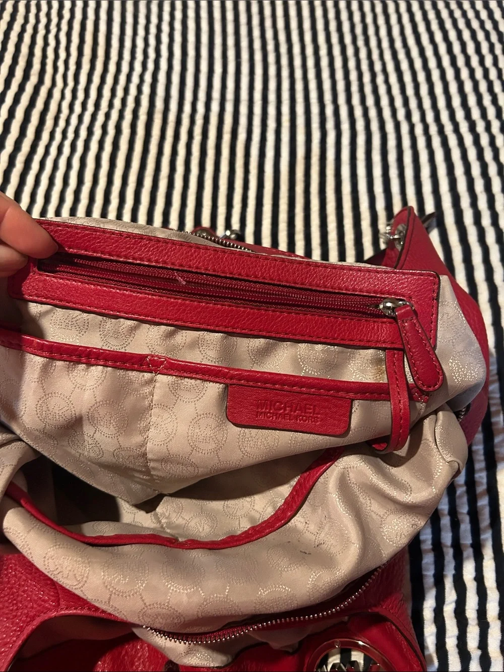 Michael Kors Pink-Red Pebbled Leather Shoulder Bag with Silver Hardware